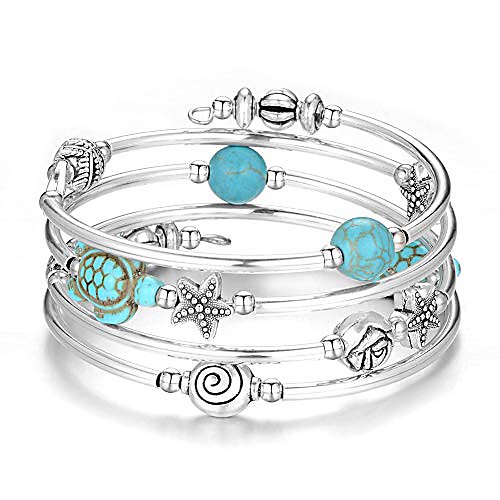 

layered wrap bangle turquoise bracelet - bead bracelet with natural agate stone, gifts for women (18-turquoise blue turtle bracelet)
