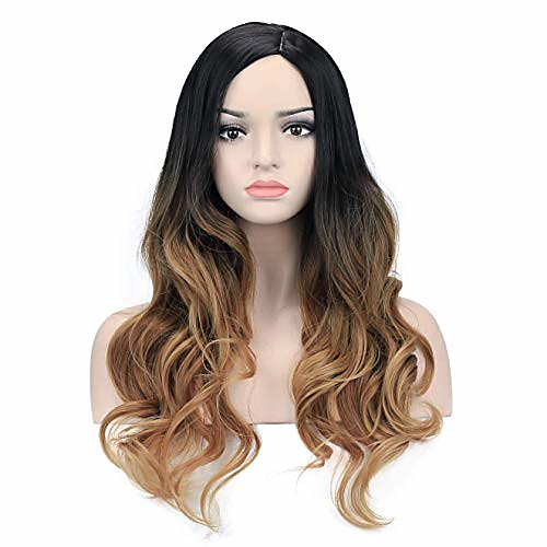 

26'' ombre black blonde brown wigs long wavy curly wig for women girls curly side parting hair wigs no bangs