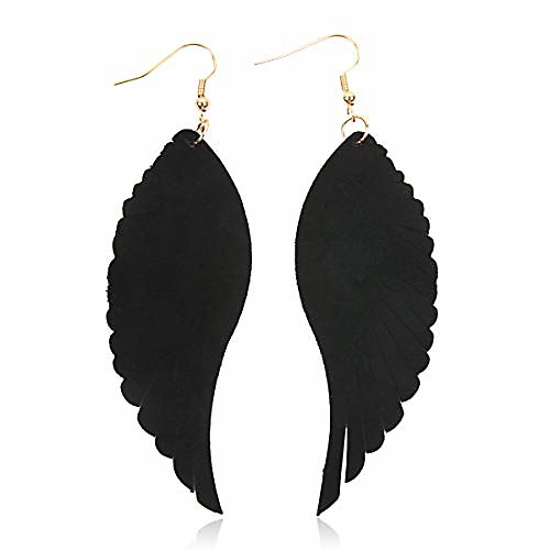 

bohemian genuine suede real leather leaf drop earrings - lightweight feather shape tassel dangles fringe, angel wing (bohemian feather - dusty pink, 3)