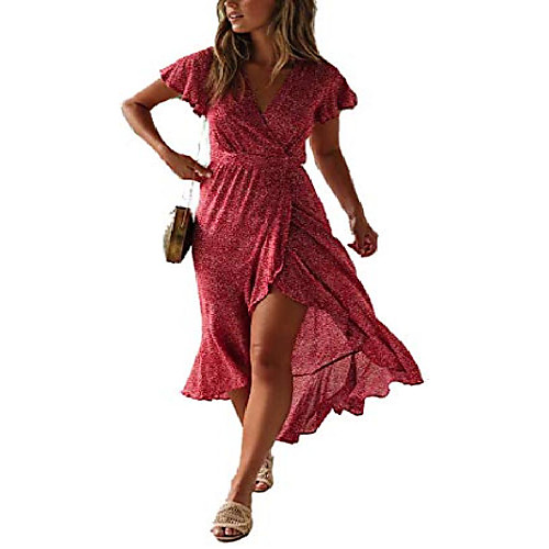 

women's boho long dresses v-neck summer dresses short sleeve wrap maxi dress beach dress with slit red l