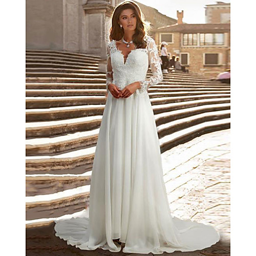

A-Line Wedding Dresses V Neck Chapel Train Chiffon Satin Long Sleeve Romantic Illusion Sleeve with Buttons Appliques 2021