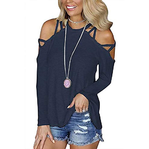 

women strappy crew neck crisscross t-shirts long sleeve tee for woman navy s