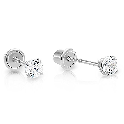 

14k white gold solitaire cubic zirconia cz stud earrings with secure screw-backs (3mm)