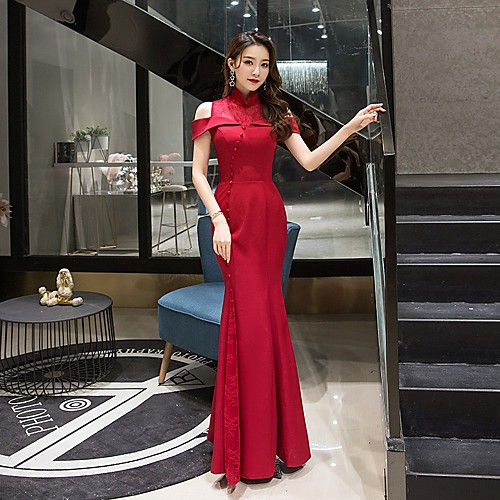 

Mermaid / Trumpet Chinese Style Elegant Wedding Guest Formal Evening Dress High Neck Short Sleeve Floor Length Lace with Buttons Split 2021
