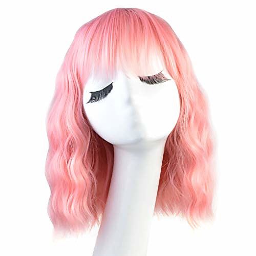 

women's pastel wavy wig with air bangs short bob wig curly wavy shoulder length pastel bob synthetic cosplay wig for girl women costume wigs pink