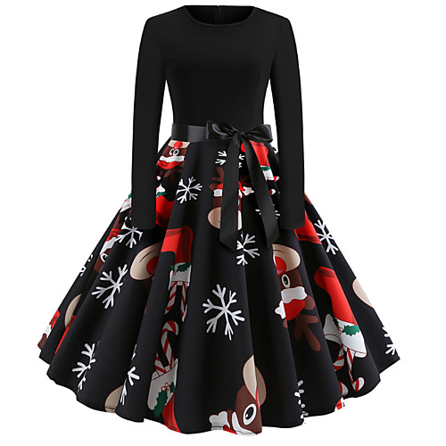 

Women's Swing Dress Knee Length Dress Black Long Sleeve Print Color Block Print Fall Round Neck Elegant Vintage Christmas 2021 S M L XL XXL