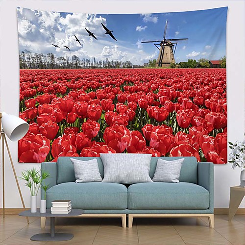 

Wall Tapestry Art Decor Blanket Curtain Picnic Tablecloth Hanging Home Bedroom Living Room Dorm Decoration Polyester Modern Landscape Red Flower Windmill