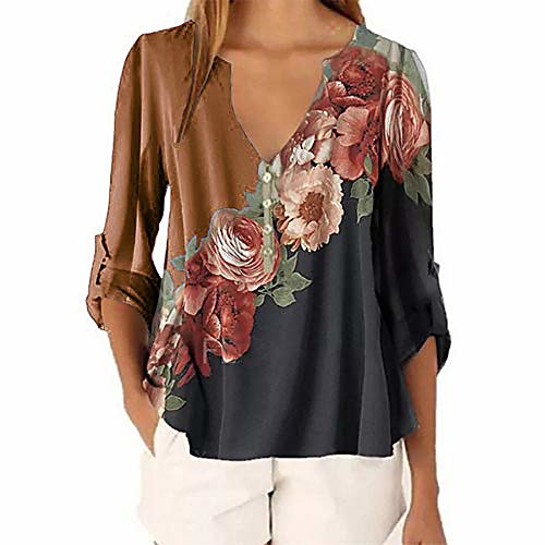 

women's v neck long sleeve flower tops blouse color block tunic button down shirt plus size(s-5xl coffee