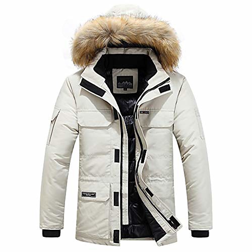 

men's long down coat with fur hood long sleeve zipper winter warm outdoor windproof outwear white
