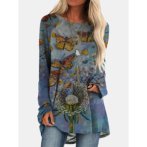 

Women's Shift Dress Knee Length Dress Blue Long Sleeve Print Animal Print Fall Round Neck Casual 2021 S M L XL XXL 3XL