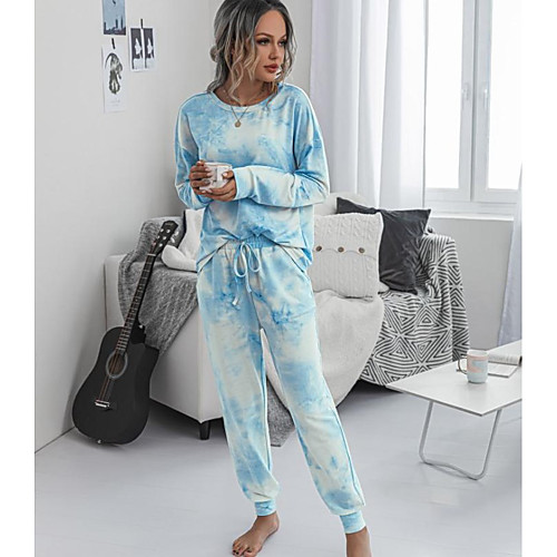 

Women's Casual / Daily Cotton Blend Asian Size Set Pant Jewel Neck Suits Long Sleeve Printing Fall Tie Dye S Blue