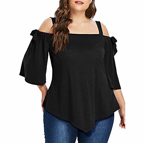 

women's plus size blouse cold shoulder 3/4 sleeve t-shirt asymmetry solid swing flowy tunic top comfy loose fit tee black