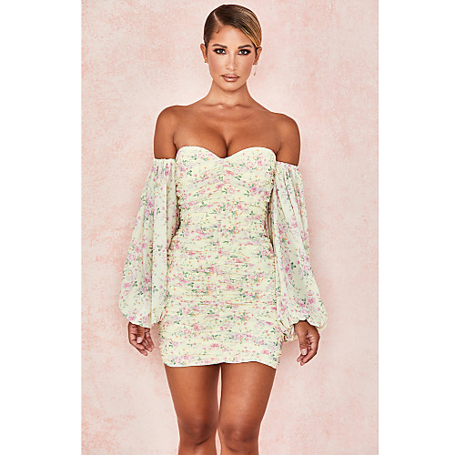 

Sheath / Column Sexy Floral Party Wear Cocktail Party Dress Off Shoulder Long Sleeve Short / Mini Spandex with Ruched Pattern / Print 2021