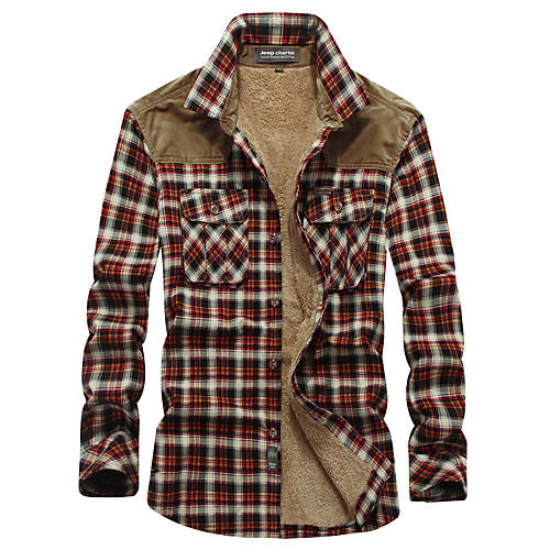 

mens casual plaid retro long sleeves button up lamb cashmere fleece lined plaid flannel shirt