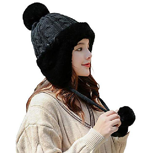 

women 2019 new peruvian earflap beanie hat warm knitted pompom winter snow ski hat ladies black