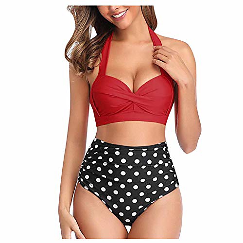 

swimsuits for womens two piece high waist bikini set push-up ruched swimwear print beachsuit red