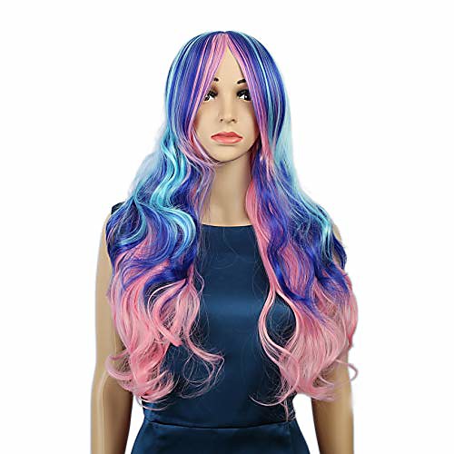 

natural wavy multi-color wig synthetic colorful cosplay wig party wig for women girl (26,light blue-blue-pink)