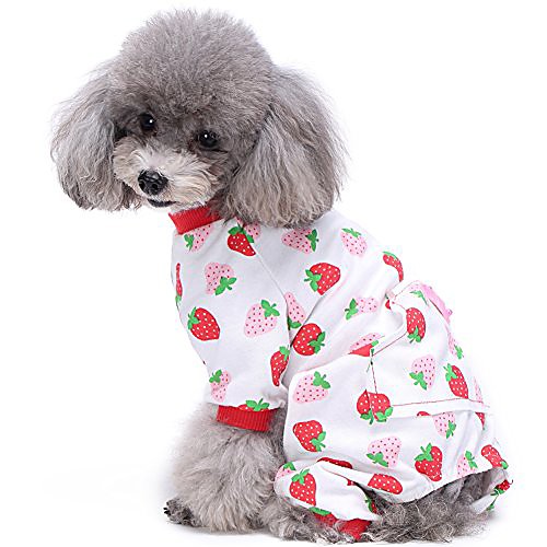 

cute pet pajamas with feet strawberry print cotton jumpsuit for small dogs