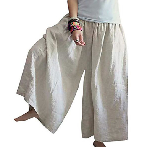 

women casual loose baggy linen pants plus size wide leg elastic waist trousers with pockets pt9 (l, ple coffee)