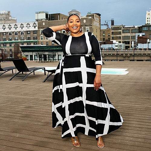 

Women's A Line Dress Maxi long Dress White Black Long Sleeve Geometric Lace up Print Fall Spring Round Neck Casual 2021 XL XXL 3XL 4XL 5XL / Plus Size