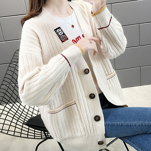 

Women's Solid Colored Oversized Basic Fall & Winter V Neck Sweater Coat Regular Daily Long Sleeve Cotton Blend Coat Tops White / Work / Loose