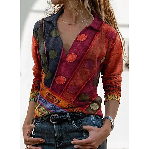 

Women's Blouse Shirt Color Block Long Sleeve Patchwork Print Shirt Collar Tops Cotton Basic Basic Top White Black