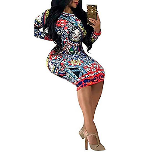 

women elegant long sleeve dress - sexy stretchy african floral bodycon midi dress for women