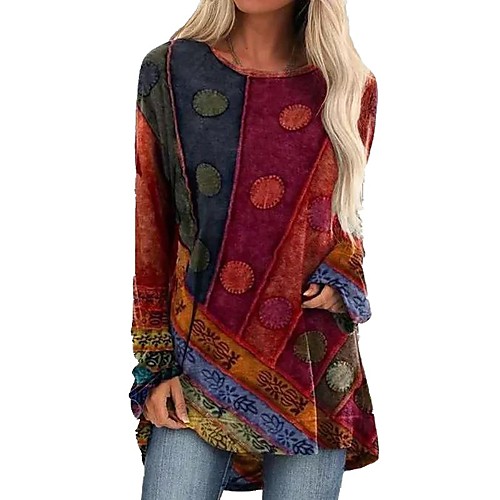 

Women's T Shirt Dress Tee Dress Short Mini Dress Green Blue Purple Red Long Sleeve Color Block Patchwork Fall Round Neck Elegant Sexy 2022 S M L XL XXL 3XL