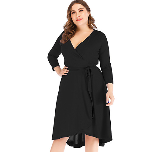 

Women's Swing Dress Knee Length Dress Black Blue 3/4 Length Sleeve Solid Color Patchwork Plus High Low Spring V Neck Elegant 2021 XL XXL 3XL 4XL 5XL / Plus Size