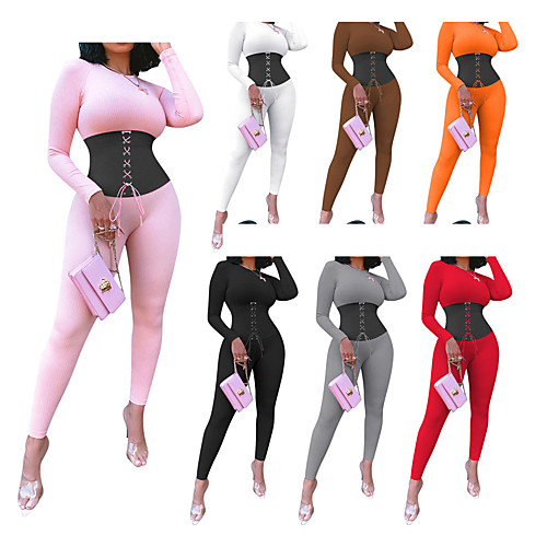 

Women's 2pcs Workout Jumpsuit Winter Drawstring Solid Color White Black Red Yoga Fitness Running Cropped Leggings Crop Top Clothing Suit Long Sleeve Sport Activewear Tummy Control Butt Lift