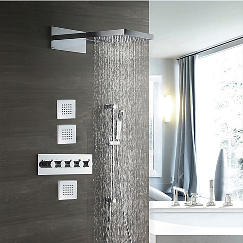 

Chrome Shower Faucets Sets Complete with Solid Brass Shower Head and Handshower with Height Adjustable Pole Ceiling Mounted Included Rainfall / Waterfall Shower System
