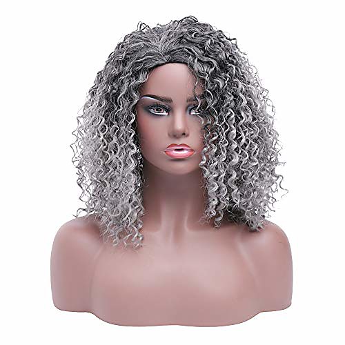 

short kinky curly afro wigs for black women synthetic fluffy full hair wig for african american (grey ombre to dark roots)