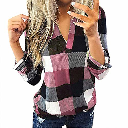 

plaid shirts for women v-neck irregular hem casual tops printed long sleeve blouses