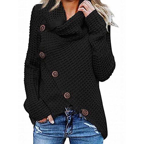

Women's Stylish Braided Button Asymmetric Hem Solid Color Pullover Acrylic Fibers Long Sleeve Sweater Cardigans Turtleneck Fall Winter Black Red Yellow