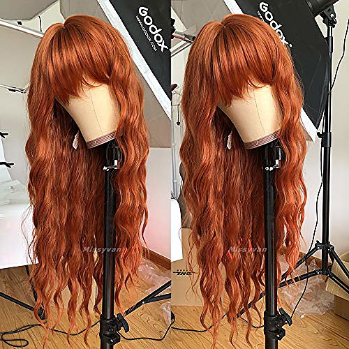 

orange red wig long curly wavy hair wigs for women with air bangs heat esistant fiber synthetic cosplay party wigs