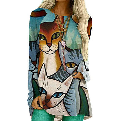 

Women's Blouse Shirt Cat Long Sleeve Patchwork Print Round Neck Tops Basic Top Blue