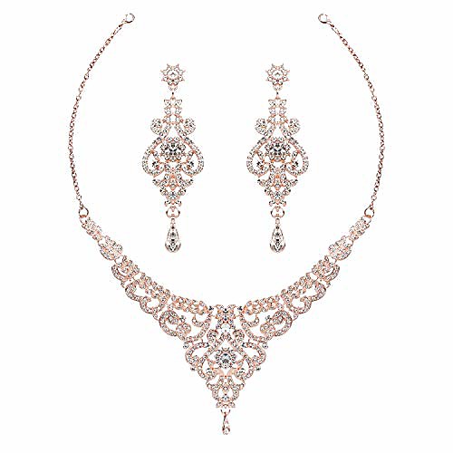 

hapibuy crystal rose gold wedding jewelry set rhinestone necklace and earring set for women and brides