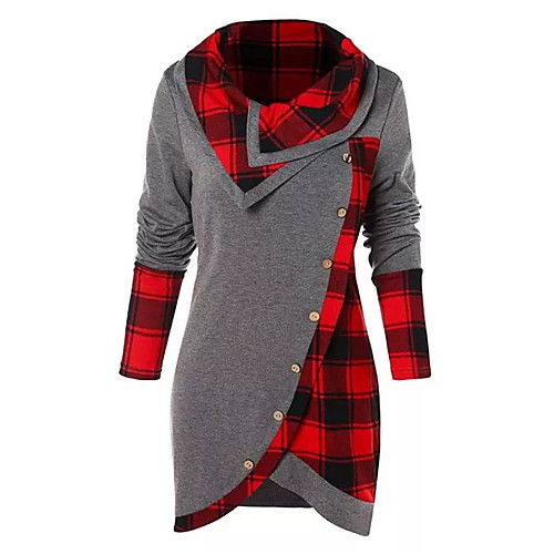 

Women's Shift Dress Short Mini Dress Black Gray Long Sleeve Plaid Patchwork Button Fall Spring Round Neck Casual 2021 M L XL XXL 3XL