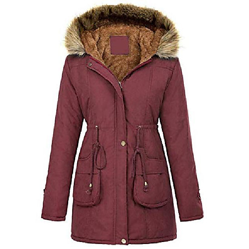 

women's sherpa lined mid-long winter safari parka coat faux fur hood (x-large, wine red)