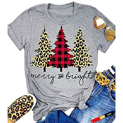 

merry letter print t shirt for women plaid christmas tree shirt tops short sleeve cute graphic holiday tee tops blosue gray