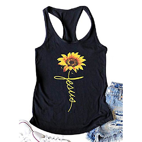 

sunflower jesus print racerback funny graphic tank top women crew neck sleeveless tee shirt vest size xl (black)