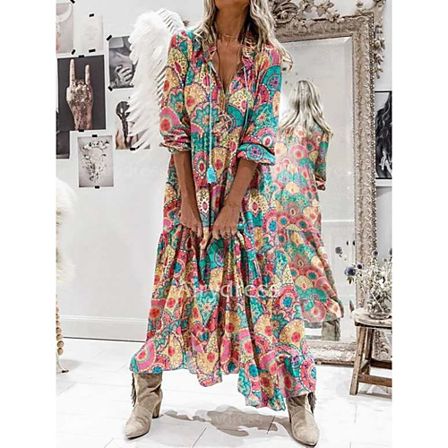 

Women's Swing Dress Maxi long Dress Rainbow Long Sleeve Print Patchwork Print Fall V Neck Casual Boho 2021 S M L XL XXL