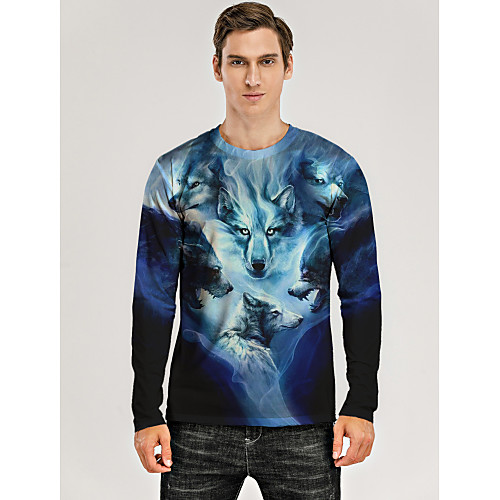

Men's T shirt 3D Print Graphic 3D Animal Print Long Sleeve Daily Tops Blue