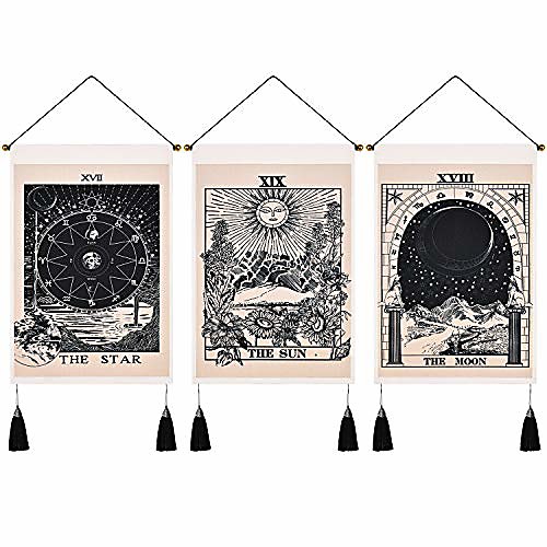 

Pack of 3 Tarot Divination Bohemian Wall Tapestry Art Decor Blanket Curtain Hanging Home Bedroom Living Room Decoration Nordic Cotton Linen Tassel Moon Stars Sun 14 x 20