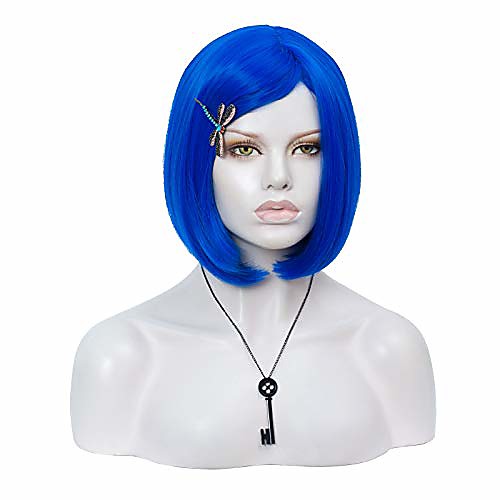 

morticia short straight blue women bob full bang kids wig with dragonfly hairpin black key pendant necklace(adult 2)