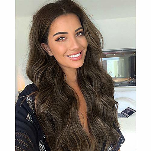 

dark brown wig long natural wave middle part high density heat resistant synthetic wigs for women
