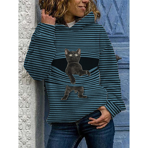 

Women's Pullover Hoodie Sweatshirt Striped Cat Graphic Daily Casual Hoodies Sweatshirts Blue Green Gray / Micro-elastic