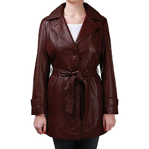 

women's ¾ long brown faux leather jacket trench coat with belt tie 20