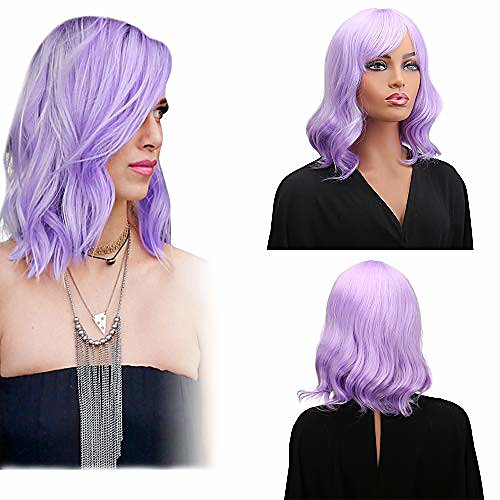 

14'' short curly synthetic wig short bob lavender purple wig with air bangs wig cap included for women girl's colorful costume wigs