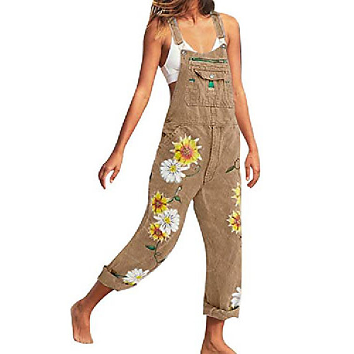 

women casual denim jumpsuits rompers floral bib jeans playsuit overalls khaki xl